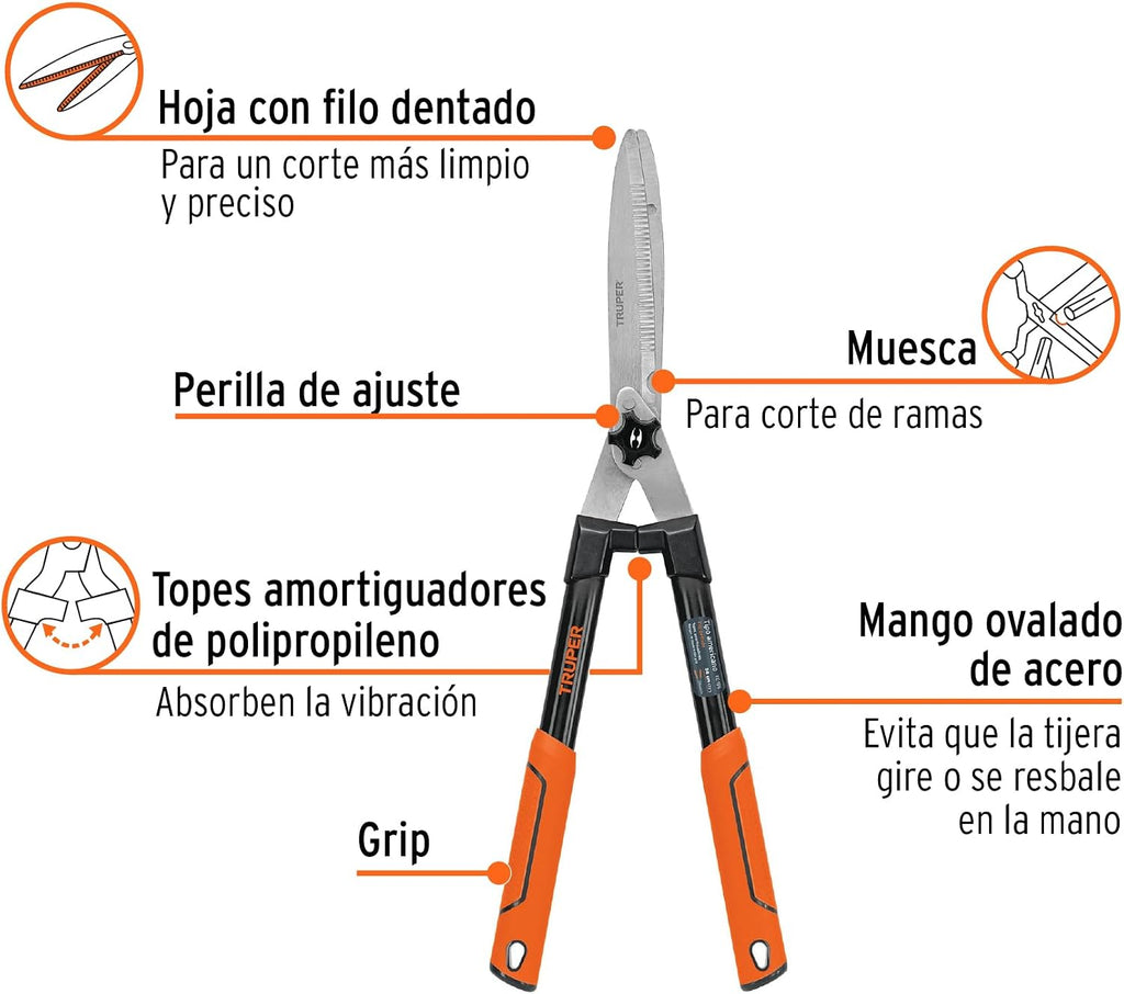 TRUPER TE-19S 7 1/2" Serrated Blade Wood Handle Hedge Shears w/Cushion Grip