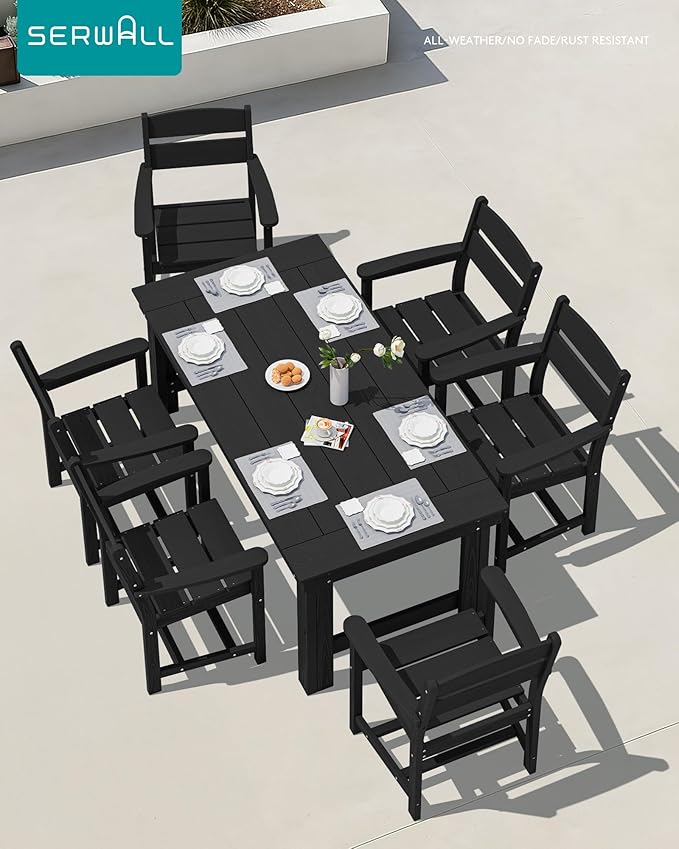 SERWALL Outdoor Dining Table Set, 67‘’ HDPE Patio Dining Set for 6, Wood-Like All-Weather Outdoor Table and Chairs Set for Lawn, Black
