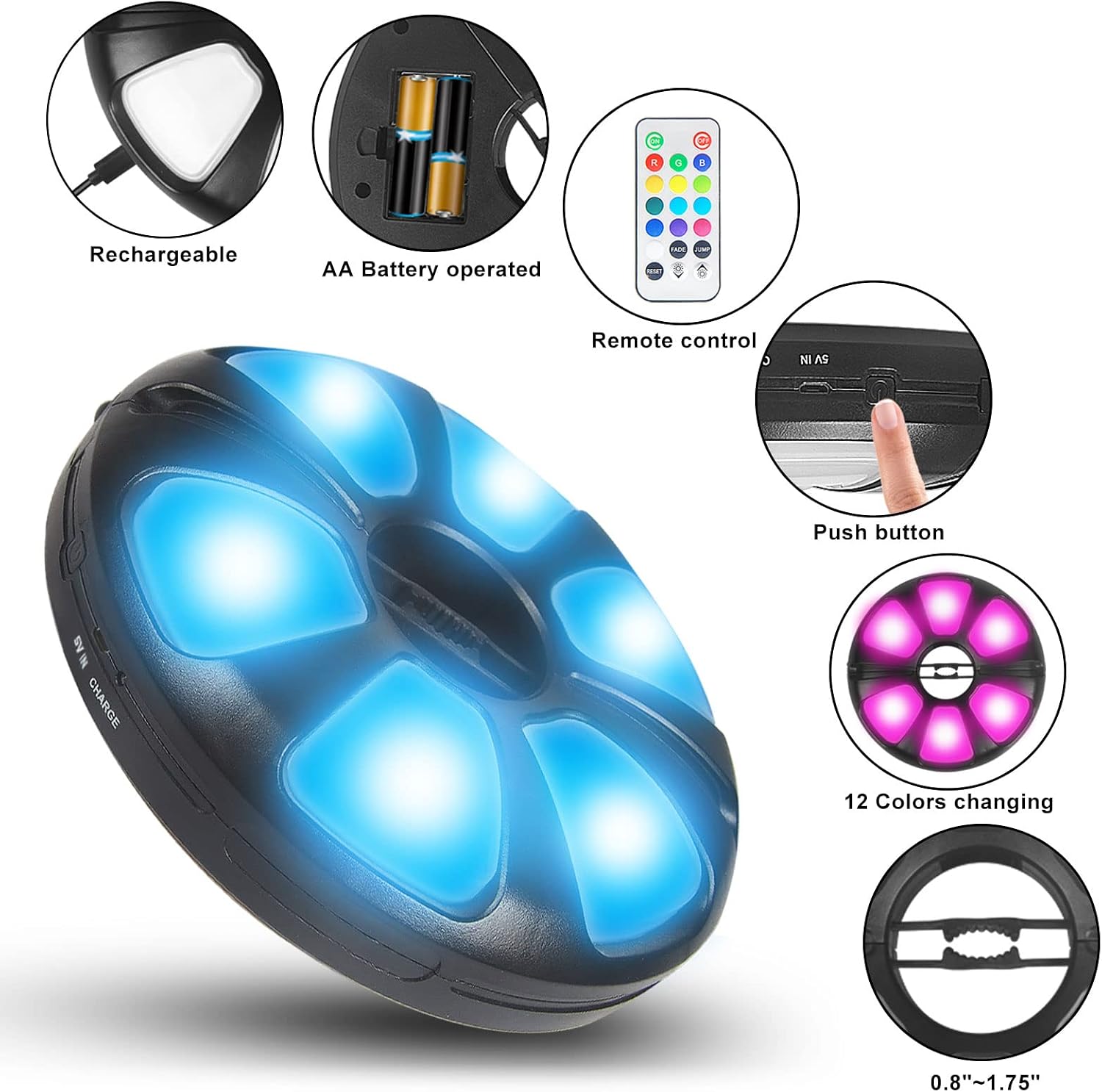 Arixinks 12 Colors Patio Umbrella Light with Remote Control/Cordless Rechargeable or AA Battery Operated Under Umbrella Pole Lights /300Lumens Dimmable/Pole Light for Patio Table Umbrellas Outdoor
