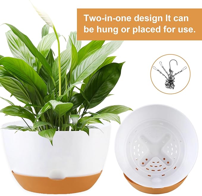 4 Pack Plastic Hanging planters for Indoor Plants,8 Inch Plant Pot Indoor Outdoor Hanging Baskets,Hanging Flower Pots with Drainage Holes and Chain for Garden Porch Plants(White)
