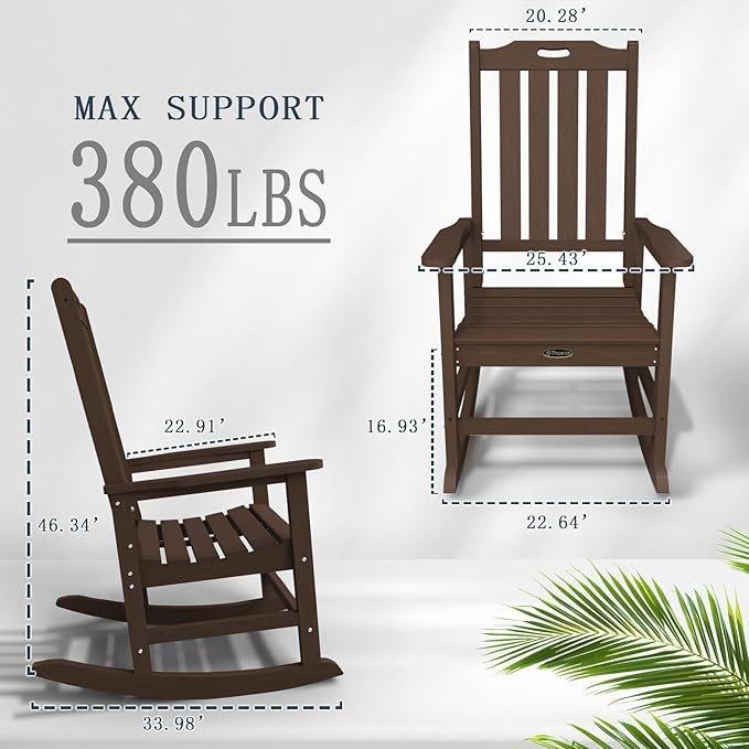 Oversized Rocking Chair, Outdoor Rocking Chair for Adults, All Weather Resistant Porch Rocker for Lawn Garden, Brown