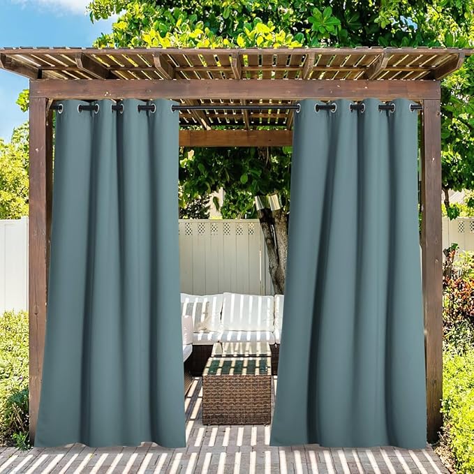 NICETOWN 2 Panels Greyish Blue Outdoor Curtains for Patio Waterproof, Thermal Insulated Rustproof Grommet Blackout Indoor Outdoor Gazebo Curtains Window Treatments for Porch, W52 x L72