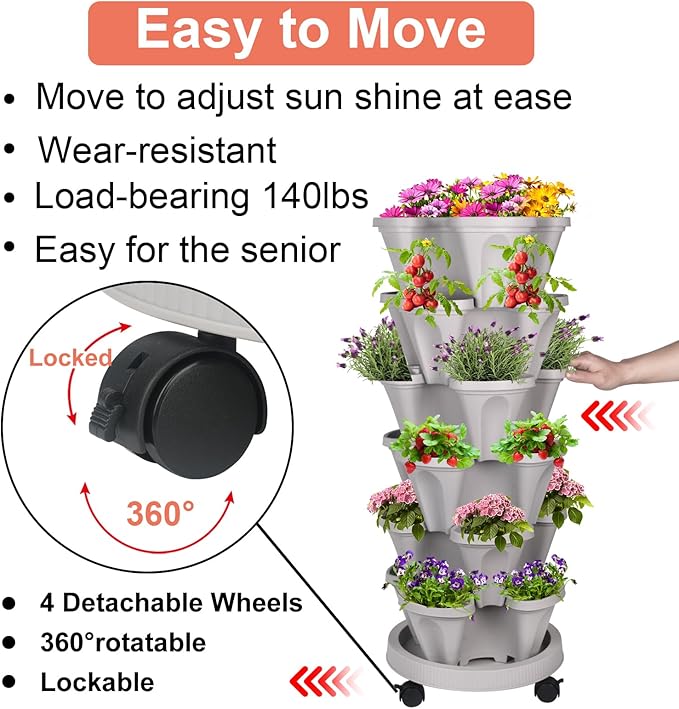 GameXcel Vertical Planter 6 Tier Stackable Planters Garden Planters Strawberry Herb Flower and Vegetable Planter Indoor Outdoor Gardening Pots with Removable Wheels and Tools 2-Pack