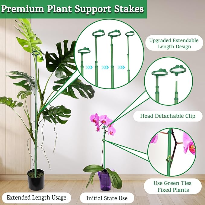 Extendable Plant Stakes, Length Scalable from 17.9IN to 42.3IN Plant Support Stake, Orchid Sticks with Clips for Indoor Outdoor,Garden Stakes for Plant,Tomato,Vegetables,Monstera,Vine - 3Pack
