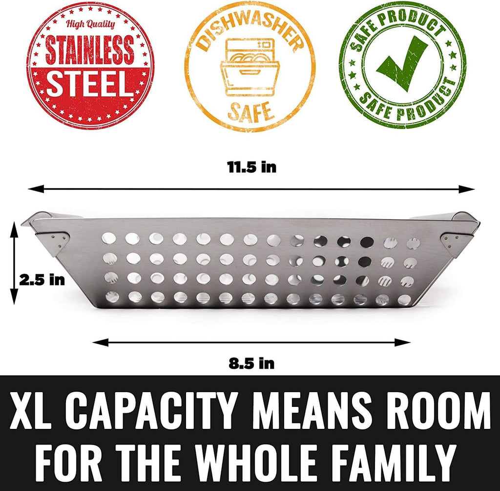 Grill Basket for Outdoor Grill - Durable Premium Stainless Steel Vegetable Grill Basket - XL Family Size BBQ Grill Basket - Perfect Grilling Accessories for Veggies, Fish, Shrimp & Kebabs | Family-Sized | Dishwasher Safe | Stainless Steel | Includes