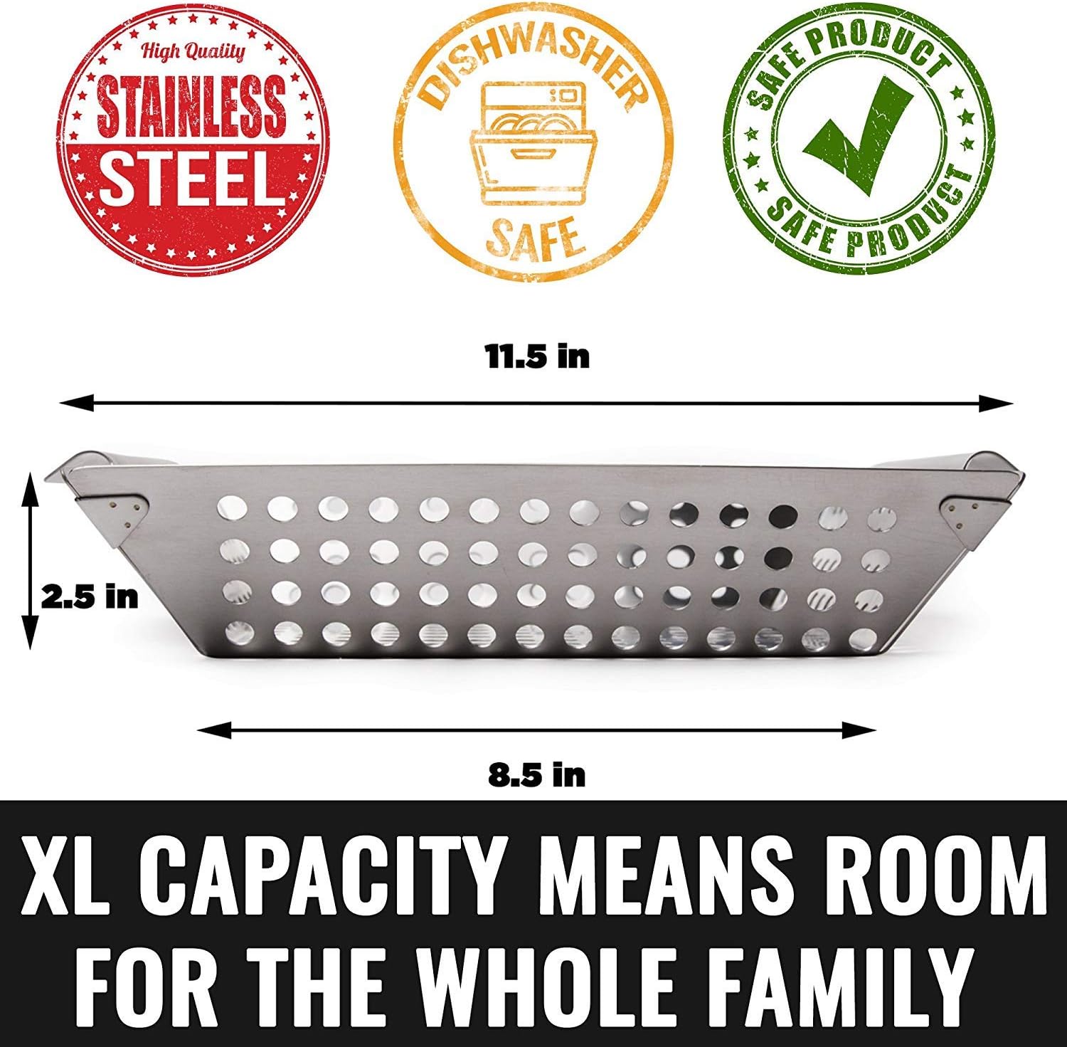 Grill Basket for Outdoor Grill - Durable Premium Stainless Steel Vegetable Grill Basket - XL Family Size BBQ Grill Basket - Perfect Grilling Accessories for Veggies, Fish, Shrimp & Kebabs | Family-Sized | Dishwasher Safe | Stainless Steel | Includes
