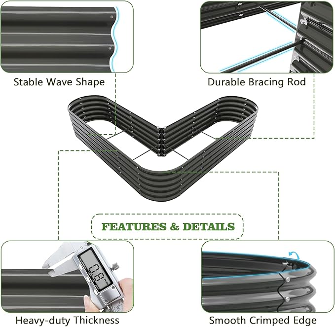 A ANLEOLIFE Set of 6, 18 Inch Tall Quartz Grey Raised Garden Beds Kit, Heart-Shaped & Long Oval Planters for Creative Garden Layouts.