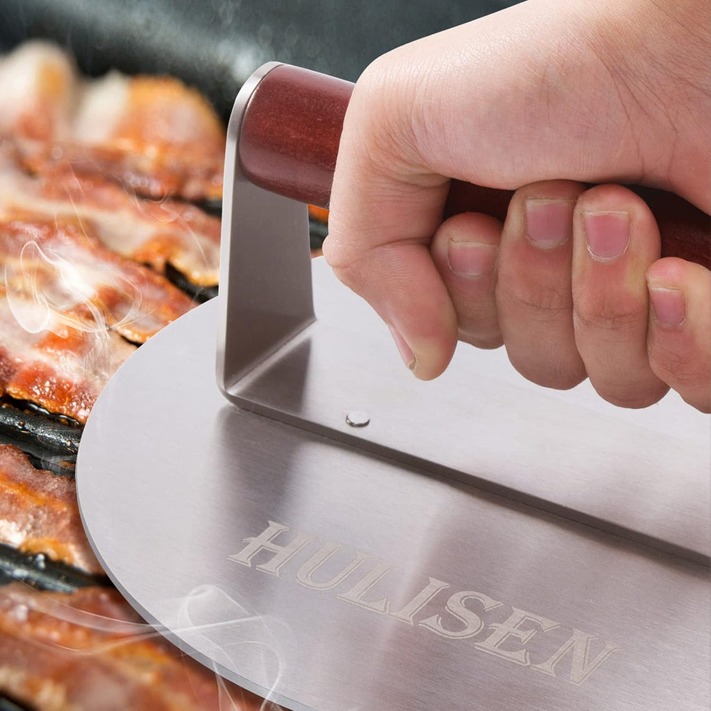 HULISEN 8.5-Inch Burger Press, 2.5 lb Stainless Steel Burger Smasher | Wood Handle, Wide Round Flat Edge Burger Smasher for Bacon & Steaks, Easy Cleanup, Griddle Accessories Fits Flat Top Griddles