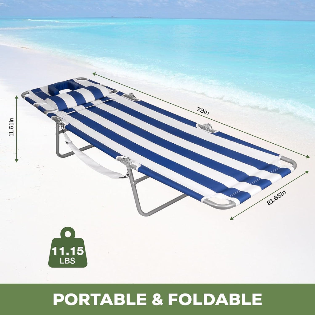 2PK Face-Down Tanning Beach Chair, Adjustable Folding Sunbathing Lounger with Arm Slots, Side Pocket, Lightweight Reclining Chair for Beach, Poolside, Lawn & Patio, Navy and White Stripe