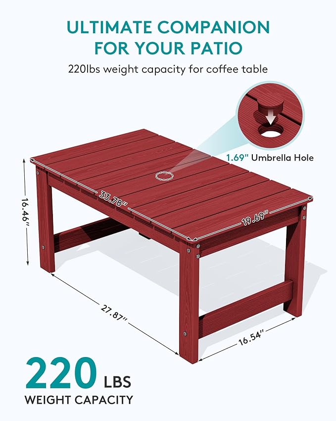 SERWALL Outdoor Coffee Table with 1.69" Umbrella Hole, HDPE Patio Coffee Table for Outside, Rectangle, Red
