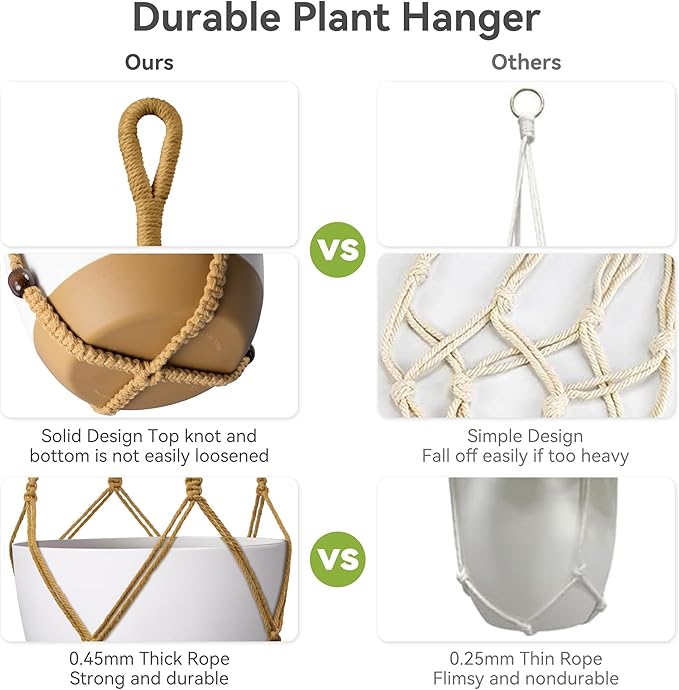 USLAI Macrame Plant Hanger Indoor Outdoor, Fits 4 to 15 Inch Pots, Strong Hanging Planter Holder, Boho Home Decor, 35 Inch, Brown, Set of 3 (POTS NOT Included)