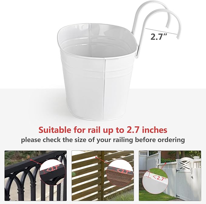 Dahey 3 Pcs 10.5 Inch Metal Iron Hanging Flower Pots for Railing Fence Hanging Bucket Pots Countryside Style Window Flower Plant Holder with Detachable Hooks Home Decor,White