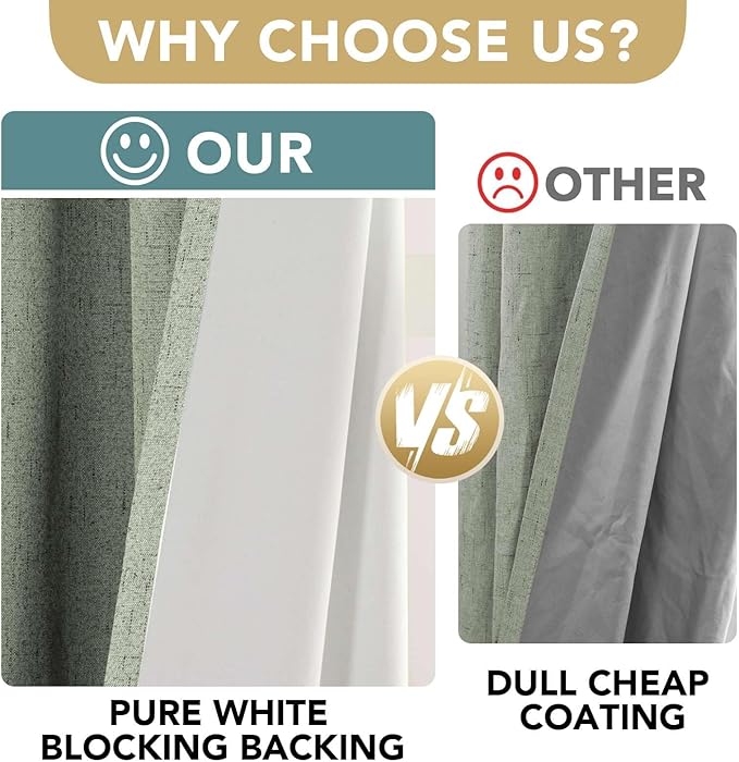 H.VERSAILTEX Linen Blackout Curtains 45 Inches Long 100% Absolutely Blackout Thermal Insulated Textured Linen Look Curtain Draperies Anti-Rust Grommet, Energy Saving with White Liner, 2 Panels, Sage