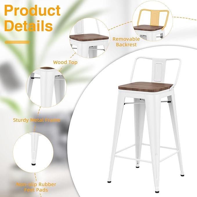 Yongchuang 26 inch Metal Bar Stools Set of 4 Counter Height Barstools Farmhouse Kitchen Bar Chairs with Wood Seat Low Back Cream White