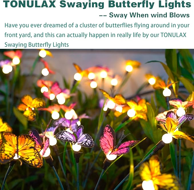 TONULAX Solar Garden Lights - Swaying Butterfly Light, Swaying in The Wind, Solar Outdoor Lights, Yard Patio Pathway Decoration, High Flexibility Iron Wire & Realistic Butterflies(4 Pack)