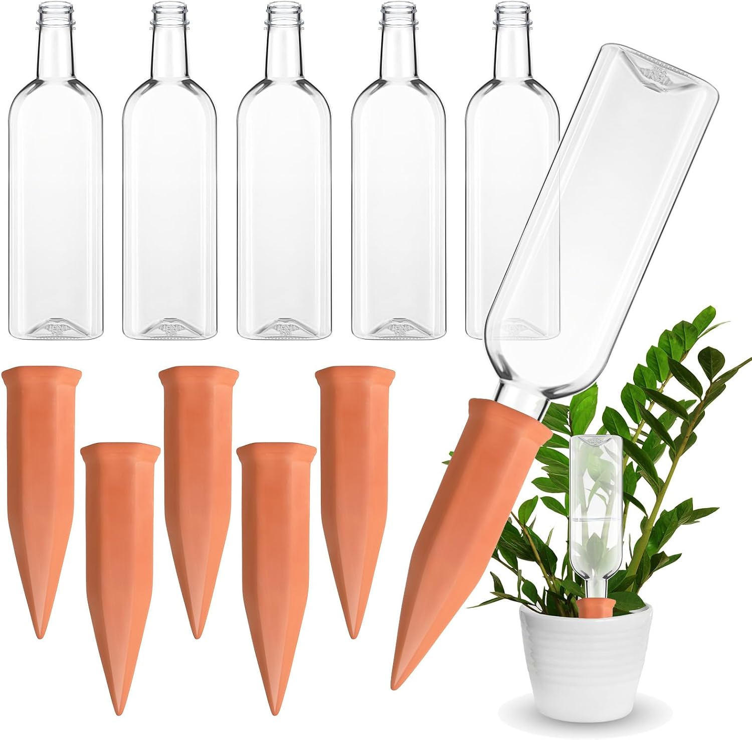 6 Sets Plant Watering Devices 6 Pcs Self Watering Spikes 6 Pcs 25 oz Plastic Bottles Slow Release Automatic Waterer Empty Liquor Bottles Terracotta Spikes for Vacation Plant (Ceramic Color)