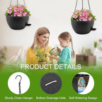 10 inch Hanging Planters for Indoor Plants, 3 Pack Self-Watering Hanging Planter Pots with Chain and Drainage Holes, Outdoor Plastic Hanging Baskets for Garden Home Decor (Black, 3pcs/10inch)