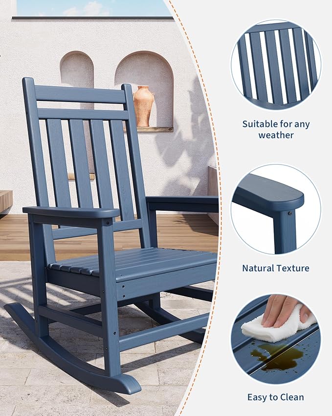GarveeLife Poly Lumber Rocking Chair Outdoor Set of 6 - HDPE High Back Porch Rocker Chairs for Adults - All Weather Resistant Furniture for Patio - Navy Blue