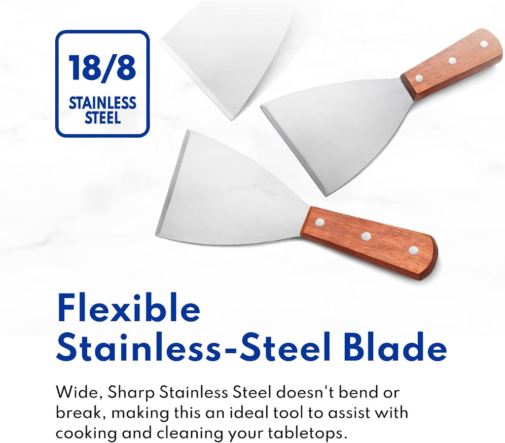 New Star Foodservice Stainless Steel Slant Edge Grill Scraper with Wood Handle, 4 x 8.5 Inch Restaurant Grade Griddle Scraper, Flat Top Scraper, Grill Cleaning Tool