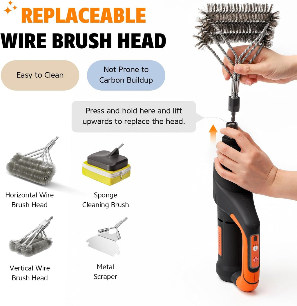 Electric Grill Brush for Outdoor Grill Rechargeable BBQ Grill Cleaner | 4 Replaceable Brush Heads, 3 Speed Modes, 940 RPM Motor, Up to 100 Minutes of Runtime, Suitable for Barbecue Grates
