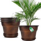 Plant Planters Pots Set of 4 Pack 16 Inch，Large Plastic Flower Pot for Indoor Plants with Drainage Holes & Trays, Resin Decorative Container Sets with Saucer for House Outdoor Garden Plant Copper