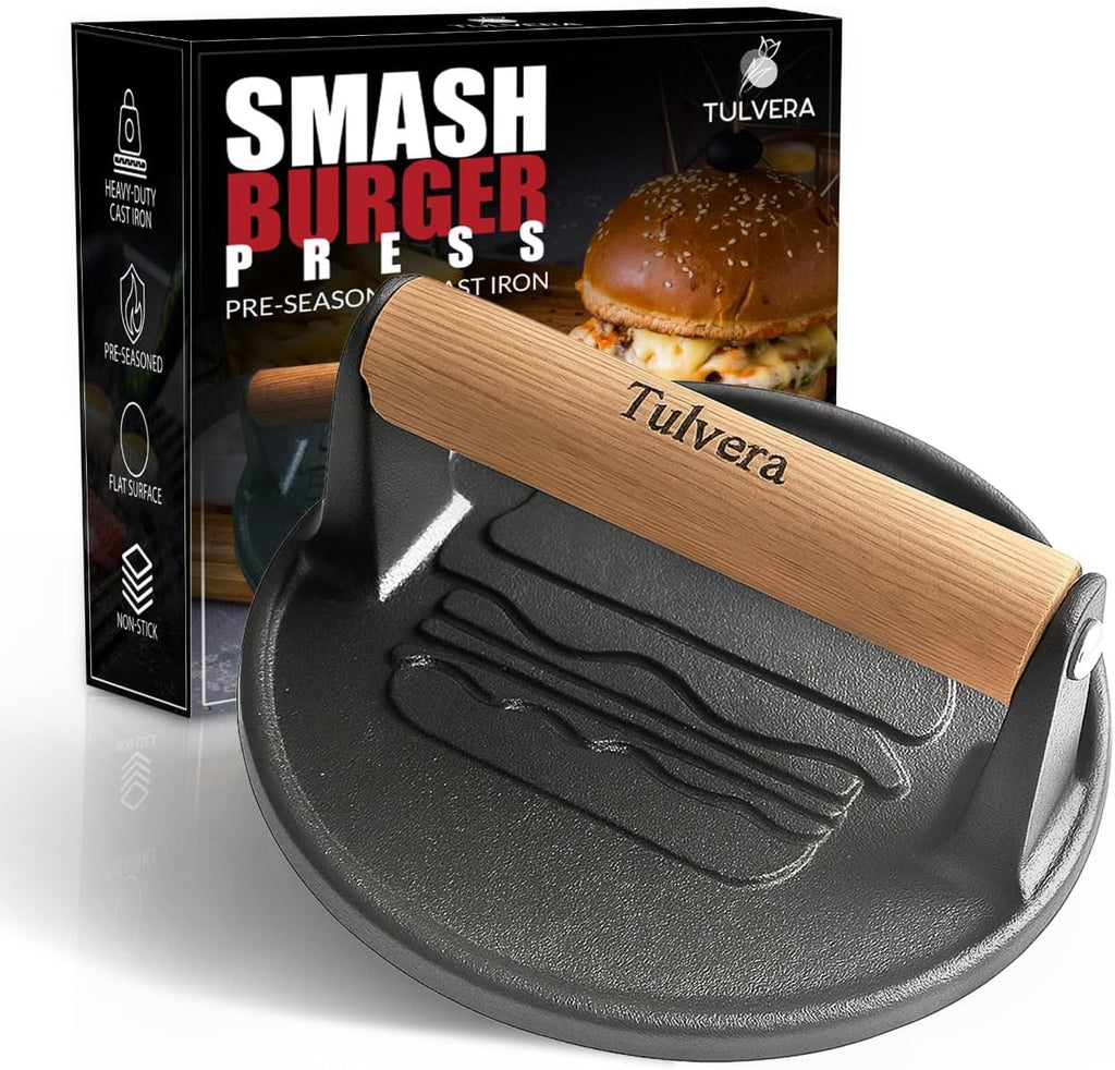 Smash Burger Press | Cast Iron Hamburger Smasher Tool | Flat-Edge Meat Press for Hamburgers, Bacon, Outdoor Kitchen | Griddle & Grilling Accessories | Pre-Seasoned | 6.1”