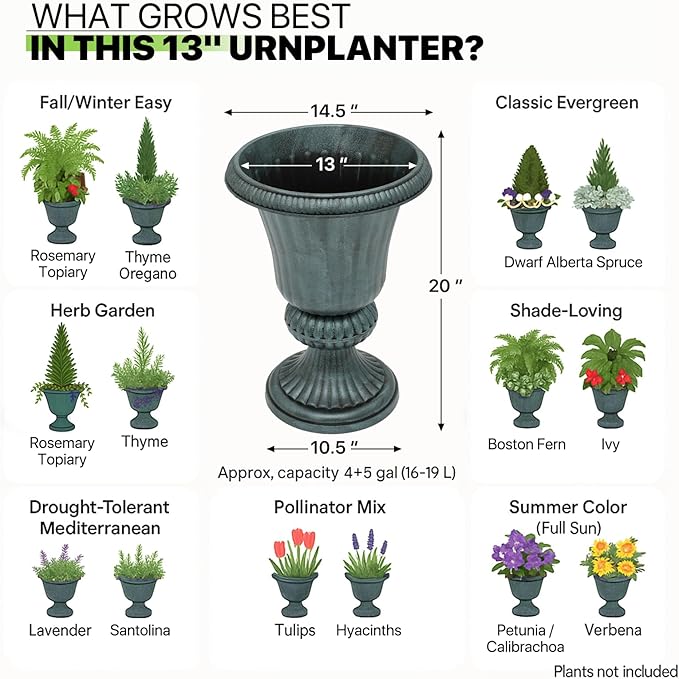 Magshion 20" Urn Planter for Outdoor and Indoor Plants, Large Decorative Front Porch Planter, Vintage Grecian Flower Pot for Patio, Garden & Entryway Décor, Antique Green