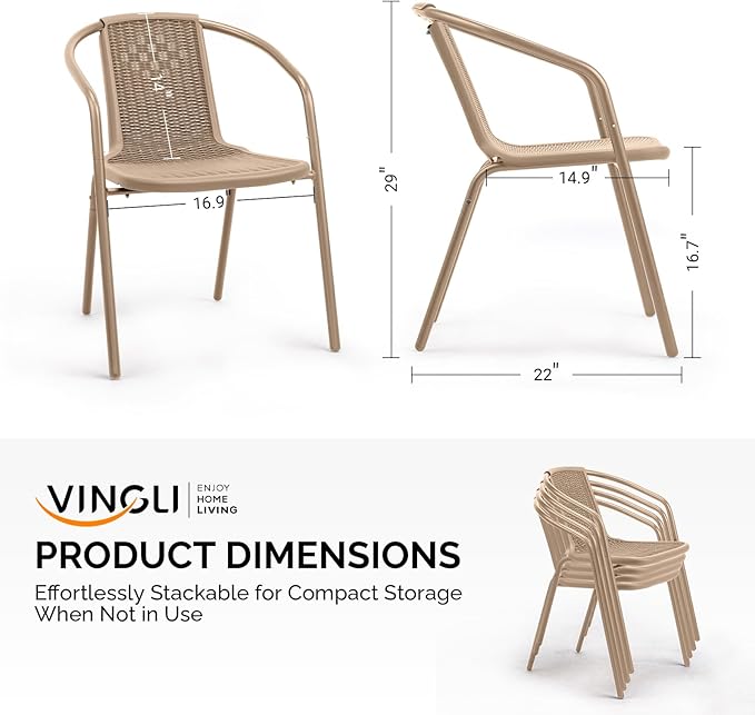 VINGLI PE Rattan Outdoor Dining Chairs Set of 4, Plastic Stackable Patio Chairs for Indoor, Porch, Restaurant, Garden,Champagne
