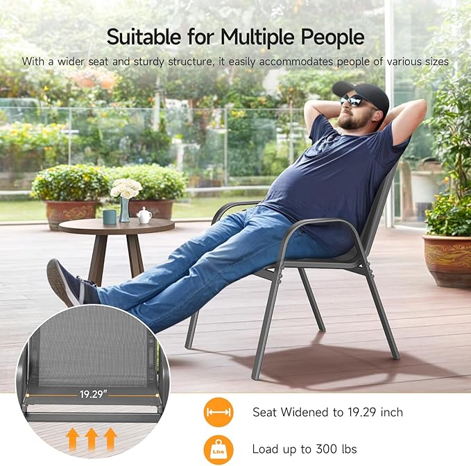 ONBRILL Patio Chairs set of 6, Easy Assembly Stackable Outdoor Dining Chairs with Wide Seat and Sturdy Metal Frame, Breathable All Weather Textilene Outdoor Chairs Set of 6 for Deck, Pool, Porch, Grey