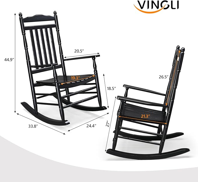 VINGLI Wooden Rocking Chair, Outdoor Chair with 450 lbs Support, Relaxing Rocker with Solid Wood High Back Seat Reclining Seat for Deck, Garden, Backyard, Porch, Indoor or Outdoor Use (Black, 1PC)