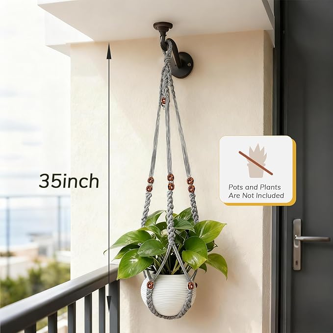 35 Inch Macrame Plant Hanger, Large for up to 15 Inch Pot Extra Long Hanging Planter Holder Basket with Wood Beads for Indoor Outdoor Home Decor (Grey, 1-Pack)