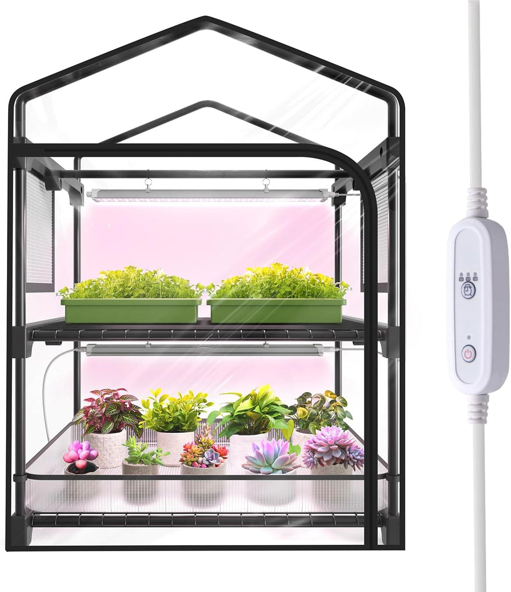indoor greenhouse with grow light, 2-tier plant stand, main product view