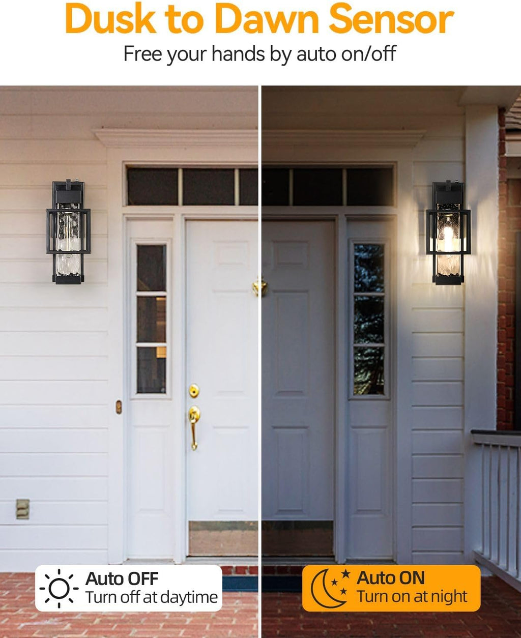 Outdoor Wall Lights Dusk to Dawn Outdoor Lighting 2 Pack, 15" H Black Exterior Lighting Fixtures Waterproof Sconce Porch Lights with LED Bulbs, Large Outside Lights for House with Water Glass