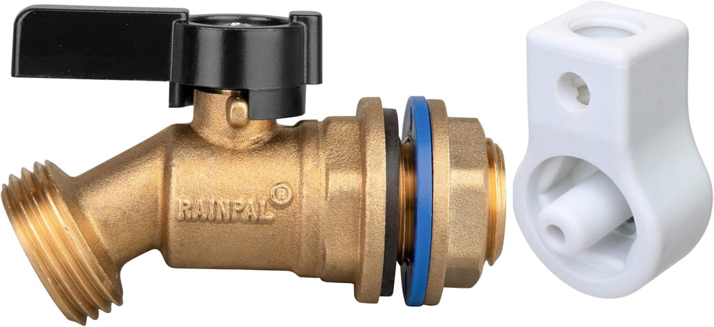 RBS005T LF Brass Rain Barrel Spigot (½” NPS, LF Compliant, Quarter Turn Ball Valve with Plastic Wrench/Nut Holder and Option to Install on Closed Top Barrel with Bung Hole)