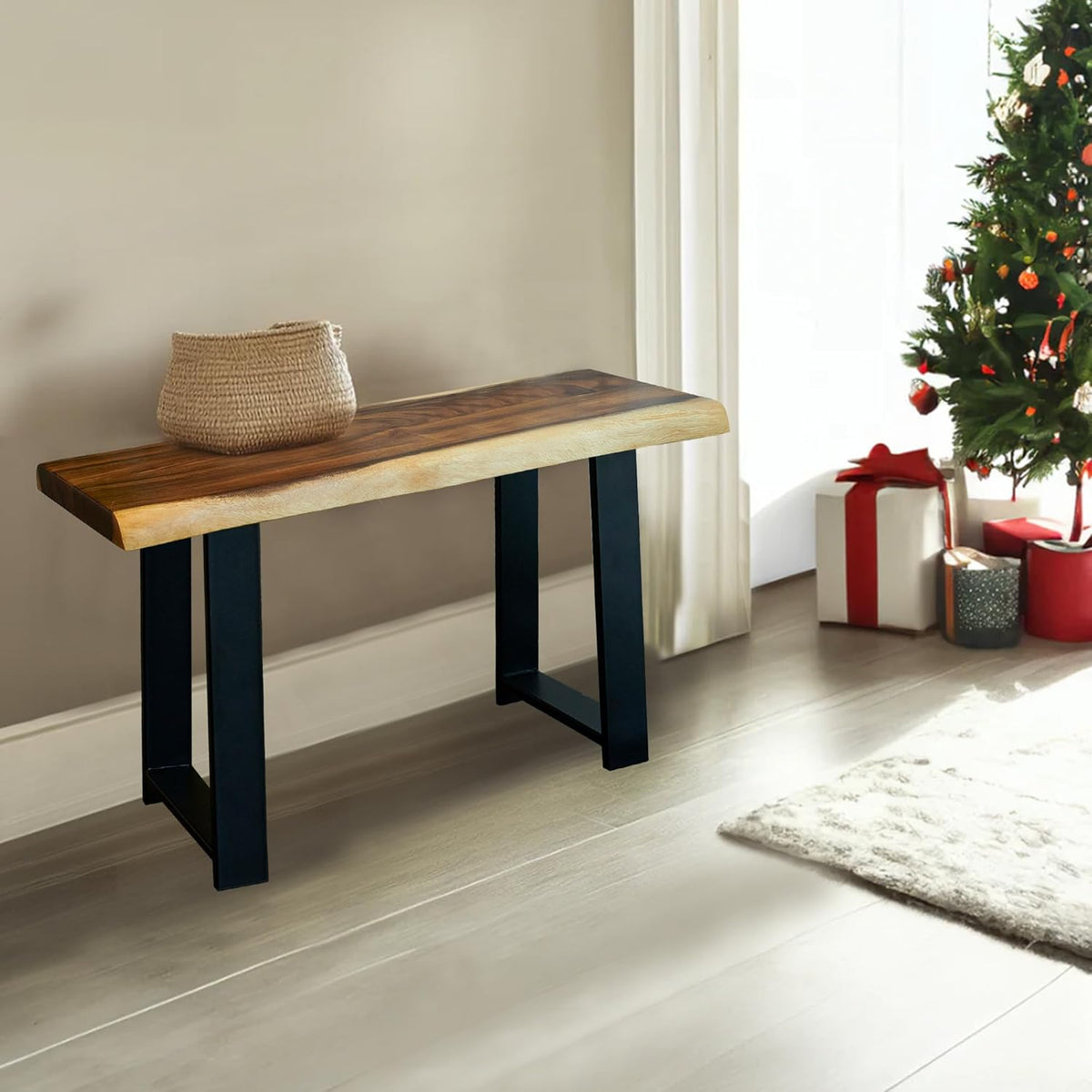 rustic live edge natural solid wood bench 32" shown in use