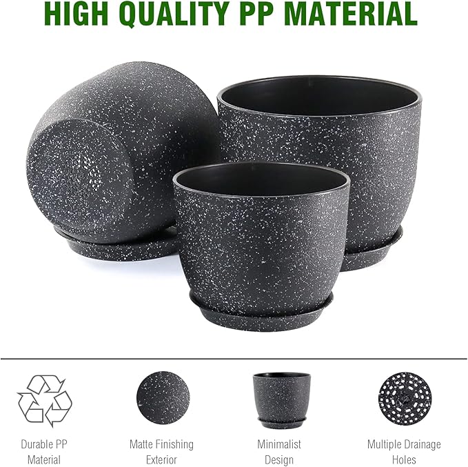 Large Flower Pots 12/10/9 inch, Set of 3 Modern Decorative Plastic Planters with Drainage Holes and Saucers for Garden House Plants, Plant Pots for Indoor Outdoor Plants, Speckled White