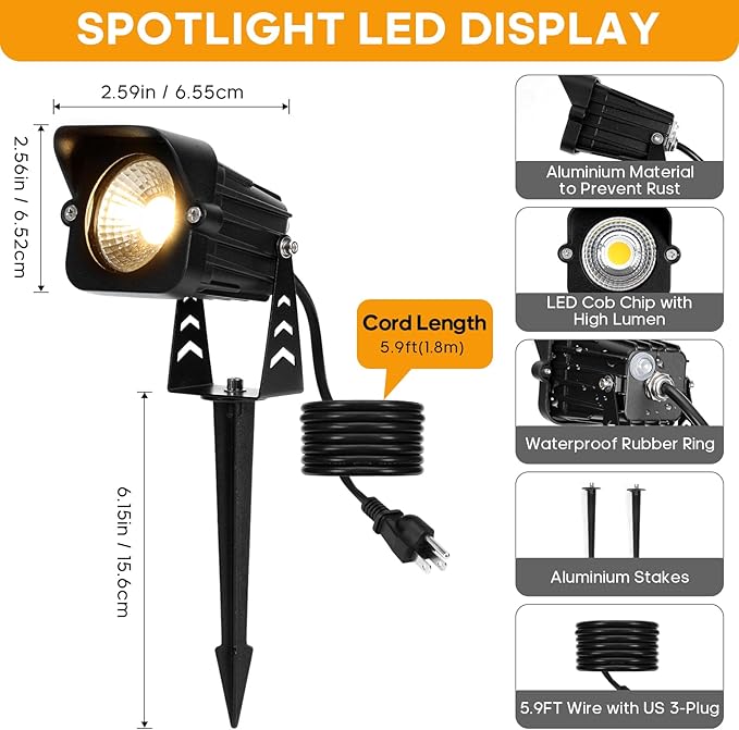 Dusk to Dawn Outdoor Lighting, 15W Spot Lights Outdoor with Photocell Sensor, 3000K Warm White Landscape Lighting IP65 Waterproof LED Spotlight for Garden Yard Flag Tree, 5.91FT Cable, US Plug