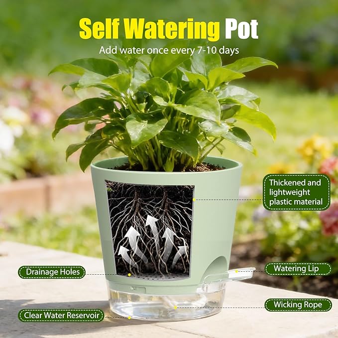 Plant Pots 4 Inch Self Watering Pots,6 Pack Plastic Planters with Drainage Holes and Clear Saucers,Plastic Flower Pots,Nursery Planting Pot for Indoor Out Door Plants (Green)