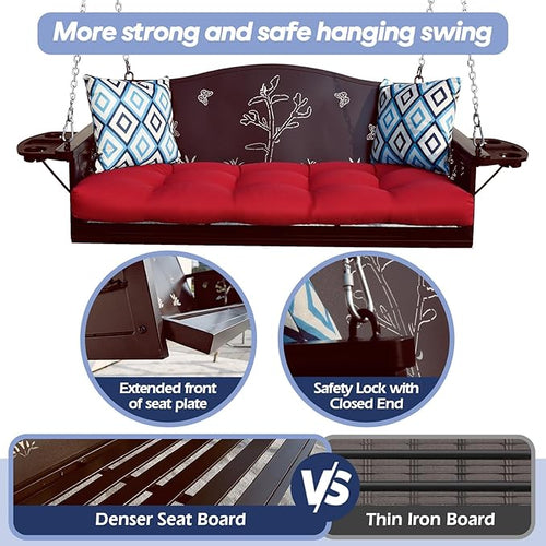 3-Seat Metal Porch Swing 900 LBS Heavy Duty Hanging Bench with Upgraded Tray & Cushions Rust-Resistant Finish Swing Chair with 8.9FT Chains for Patio Lawn Garden