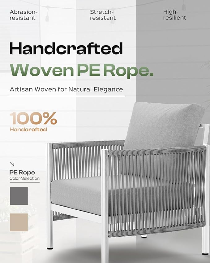 Aluminum Outdoor Patio Furniture Set with Dual-Layer Coffee Table, 4 Piece Modern Patio Conversation Sets with PE Rope, Outdoor Sectional Sofa with Thick Cushions for Balcony, Deck, Silver