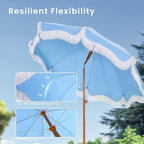 PHI VILLA 7ft Beach Umbrella with Fringe & Sand Anchor, Outdoor Patio Heavy Duty Windproof Portable Tassel Umbrellas for Sand with Push Button Tilt & Carrying Bag, UPF 50+, Light Blue (No Base)