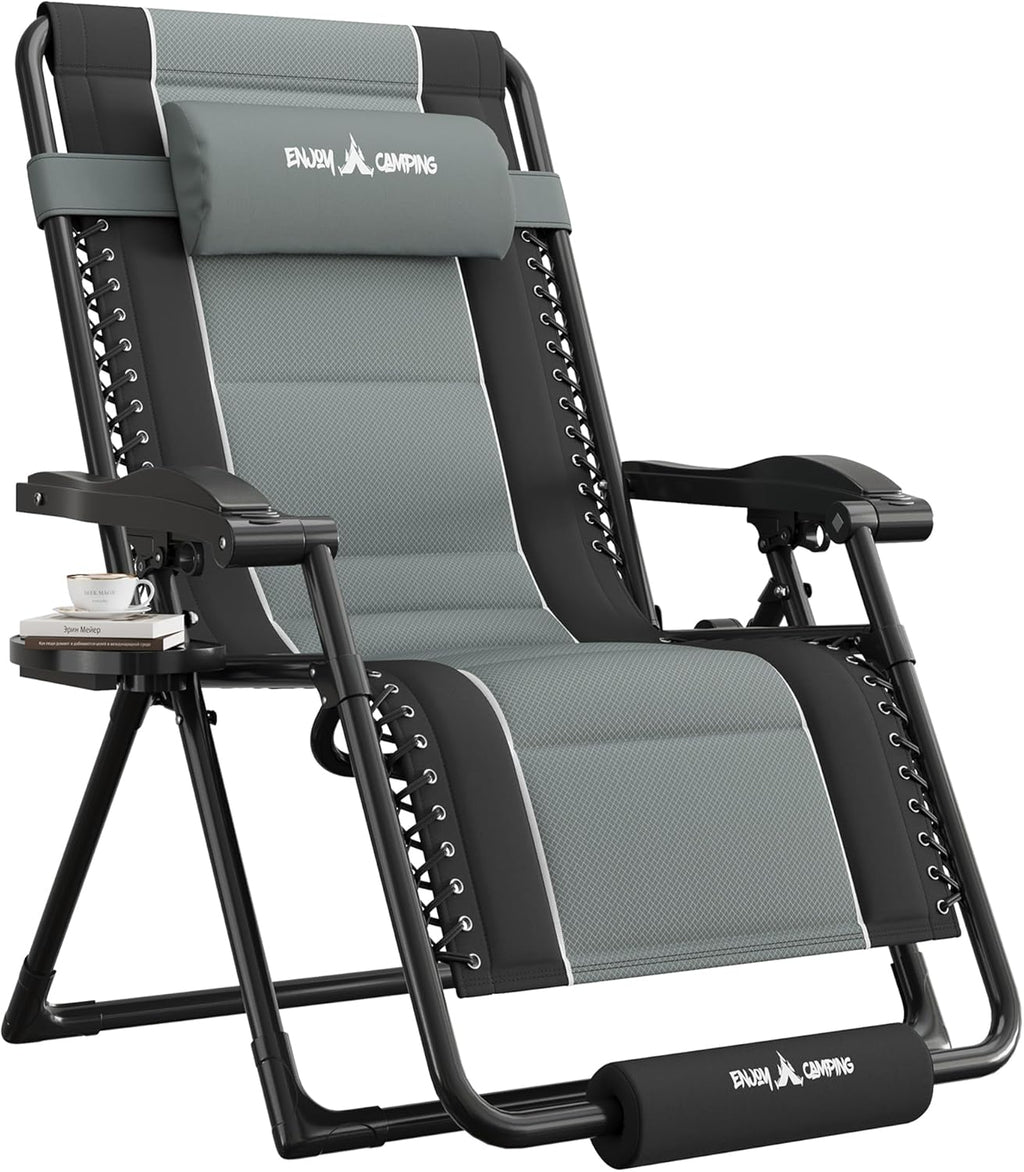 UDPATIO Oversized Zero Gravity Chair Outdoor Patio Folding Recliner | 33in Adjustable Anti Gravity Padded Lounge Chair with Cup Holder, Foot Rest & Headrest for Camping Garden Indoor Black/Gray