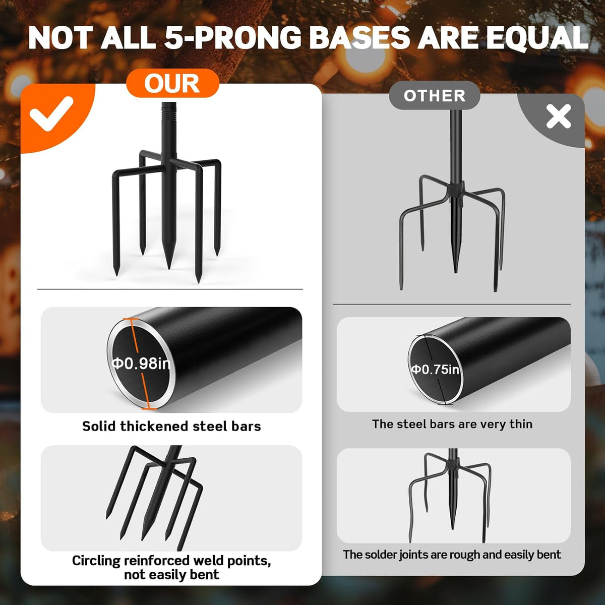 string light poles 4-pack - 10ft, 5-prong base showing dimensions