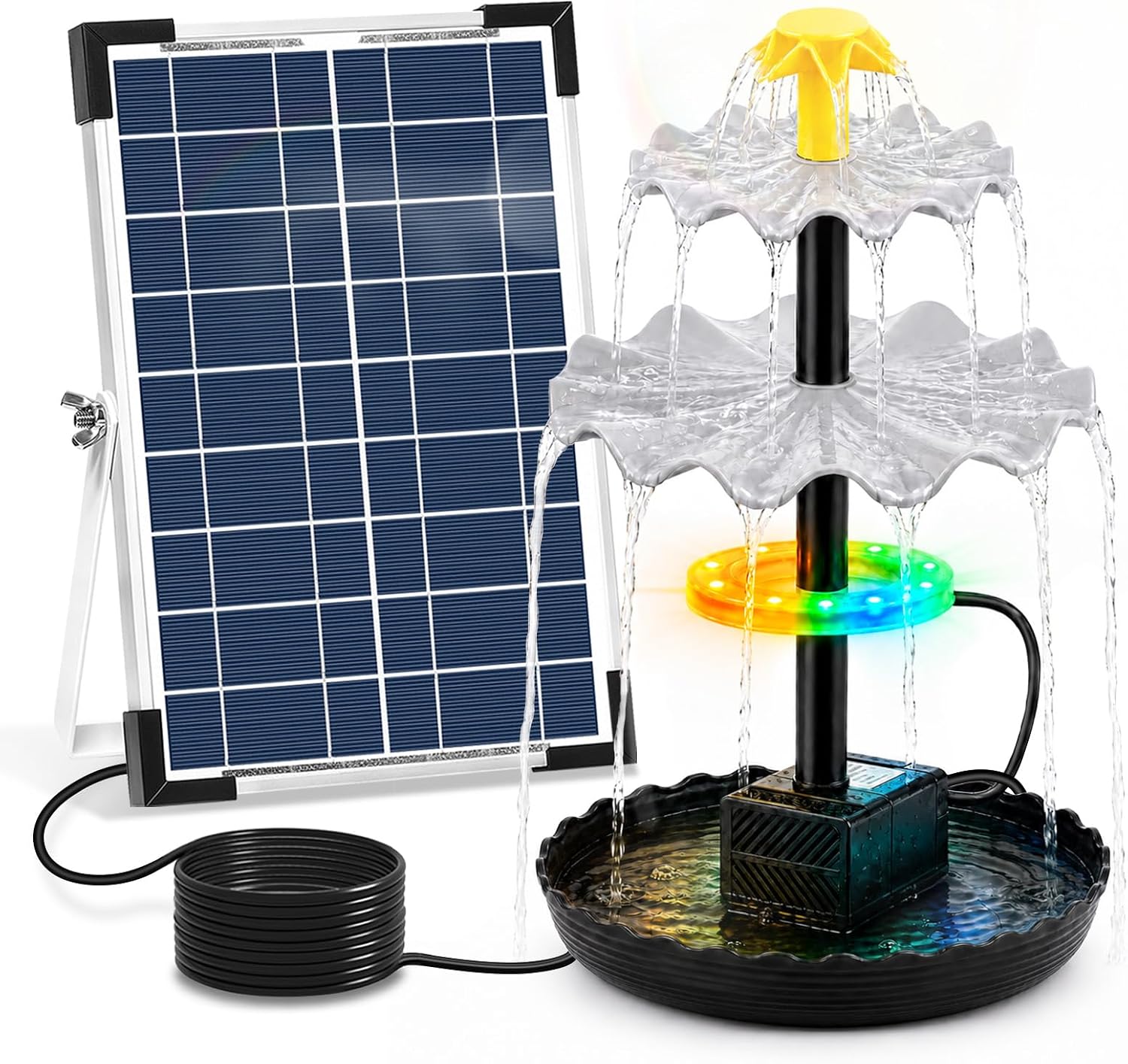 9V 6W Solar Fountain Pump, 3-Tier Waterfall & 3 Spray Nozzles, Solar Powered Water Fountain Solar Bird Bath Fountain for Small Pond, Patio, Garden