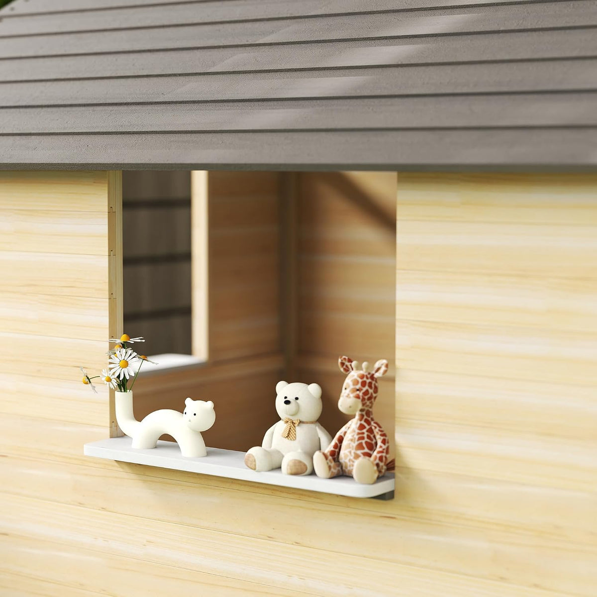 outsunny outdoor playhouse working door windows bench for, view 9