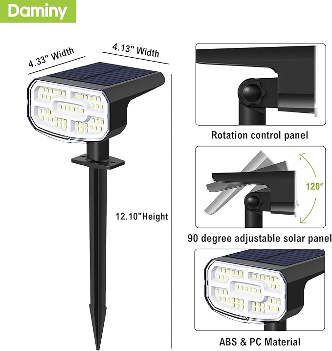 DAMINY Solar Spotlights Outdoor Waterproof IP65,2 CCT(Warm White & Cool White),4 Lighting Modes Solar spot Lights for Yard,Garden,Pathway,Landscape,Auto On/Off-2 Pack