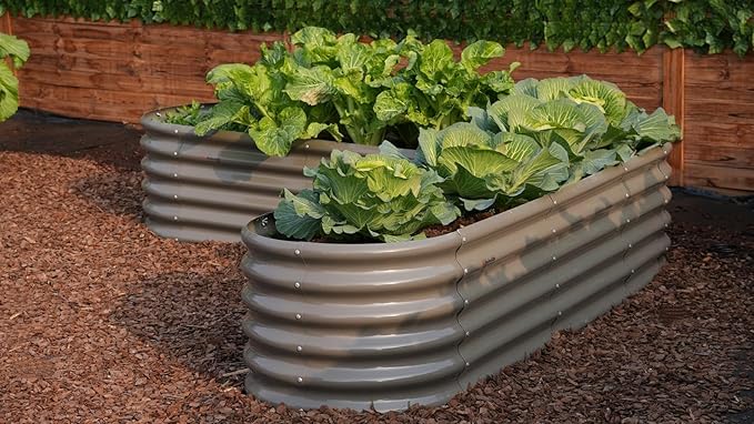 A ANLEOLIFE Set of 14 18 Inch Tall Raised Garden Beds Kit, Heart-Shaped, Long Oval & Round Metal Planters – Ideal for Creative Garden Layouts, Quartz Grey