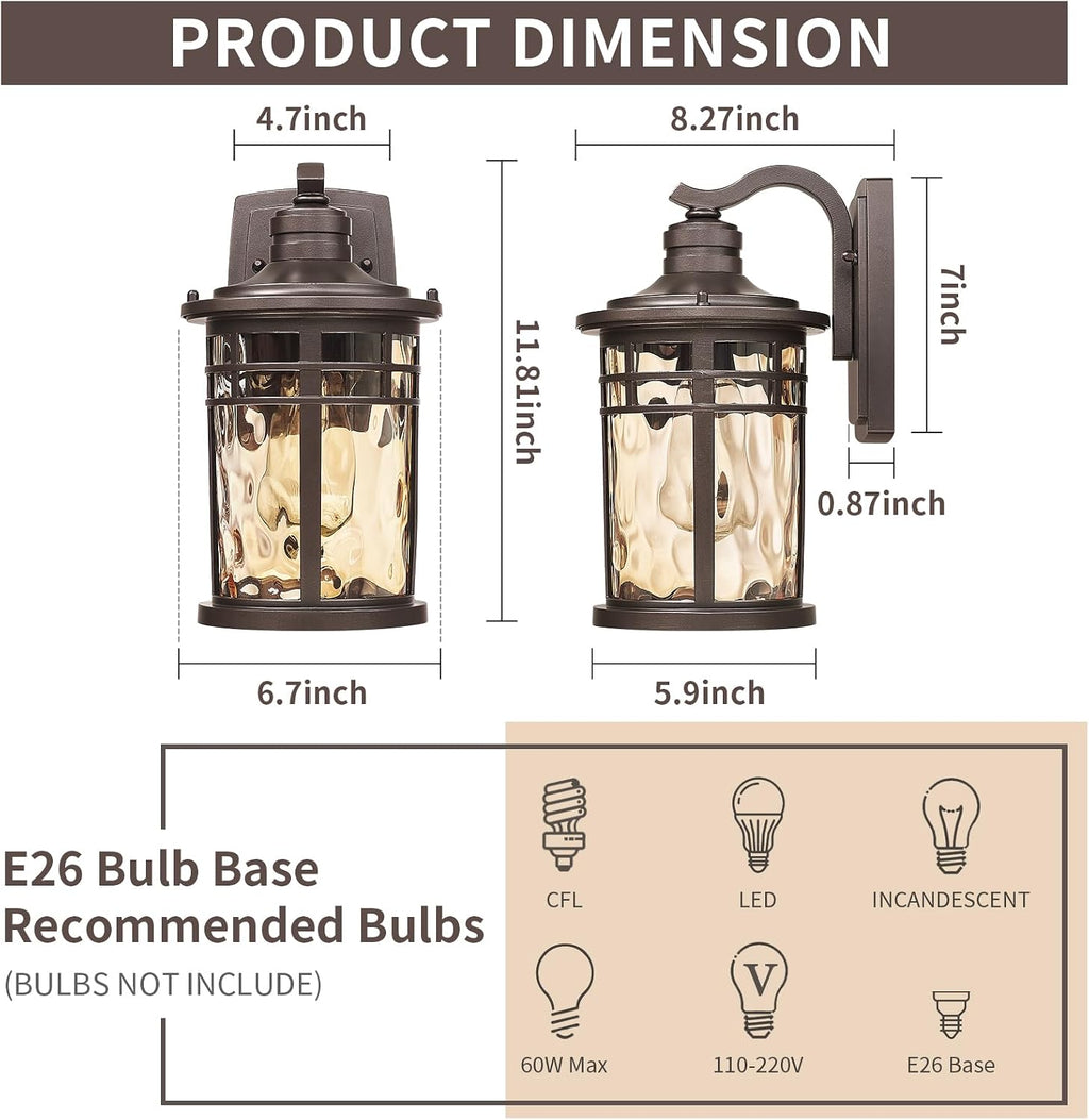 Darkaway Outdoor Wall Light Fixture,Outside Porch Lights Wall Mounted Amber Ripple Glass 2pcs Modern Exterior Waterproof Wall Sconce Lighting for House Front Door Garage