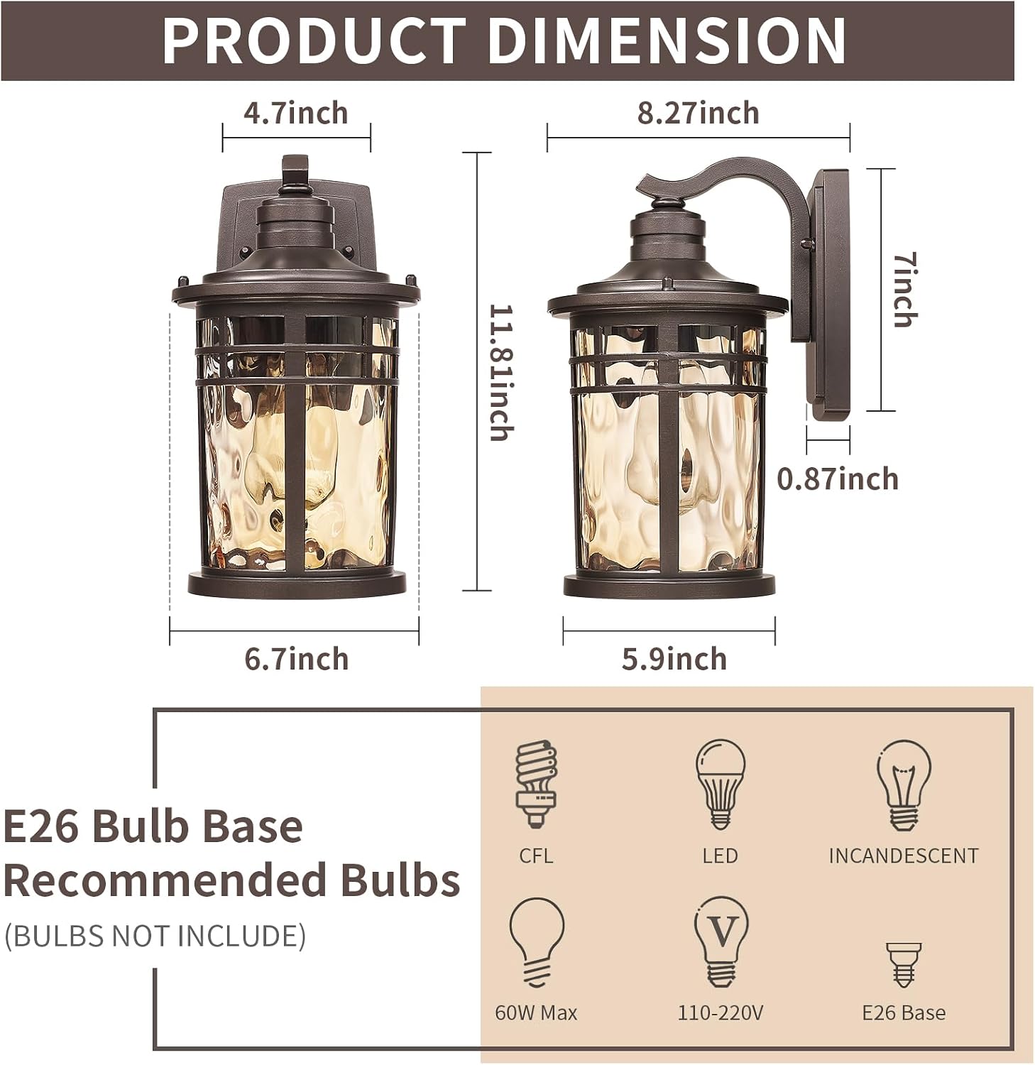 Darkaway Outdoor Wall Light Fixture,Outside Porch Lights Wall Mounted Amber Ripple Glass 2pcs Modern Exterior Waterproof Wall Sconce Lighting for House Front Door Garage