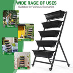 Outvita 4.4 FT Vertical Garden Bed, 5 Tier Vertical Raised Planter, Removable Black Raised Bed Box with 4 Wheels, Movable Elevated Vegetable Flower Planter for Patio Yard Indoor Outdoor